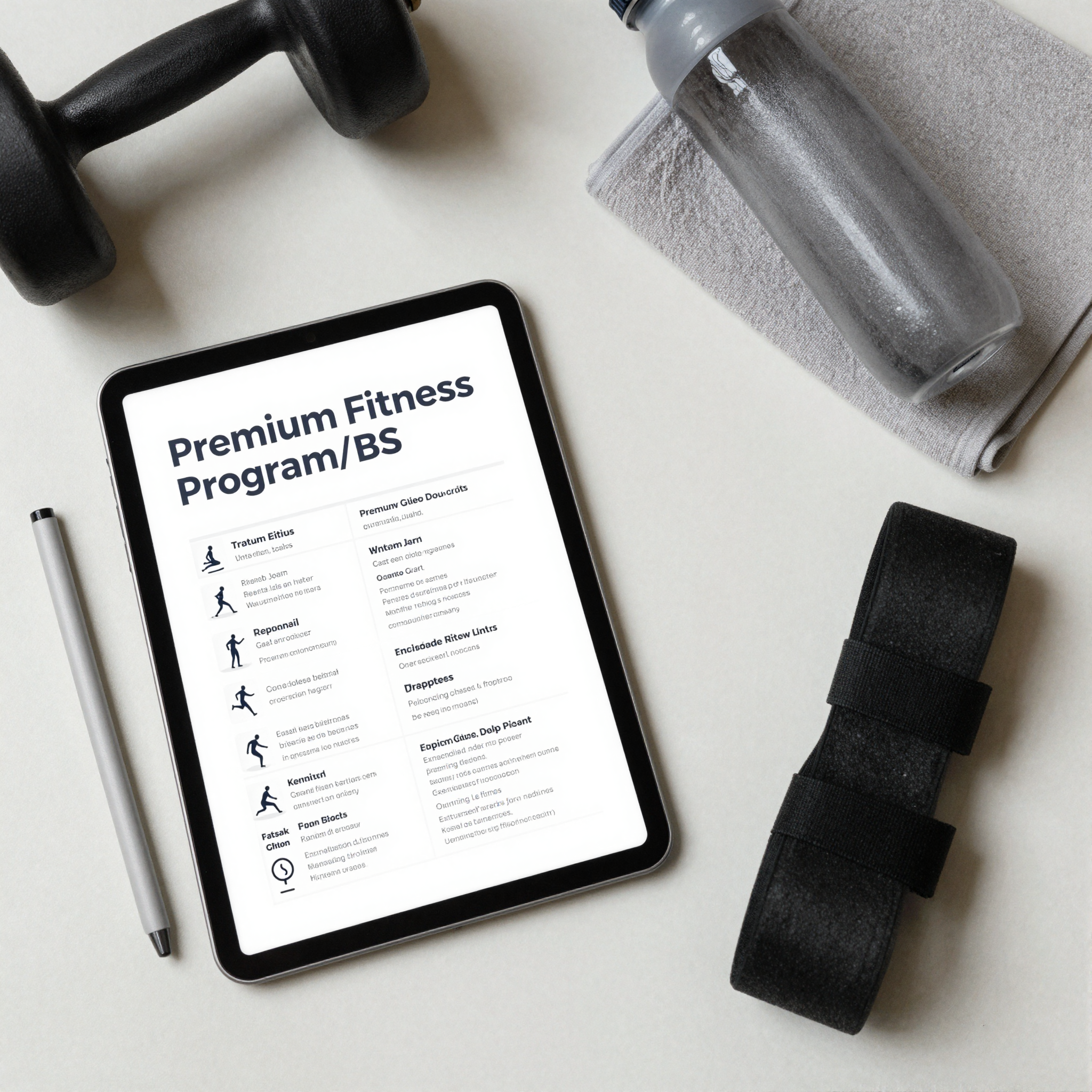 Balkan Programs digital fitness training guide flat lay with dumbbell and resistance bands